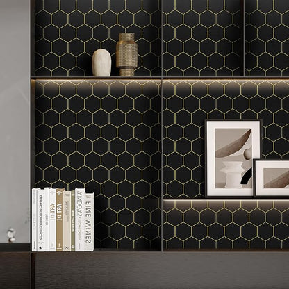 Black Geometric Wallpape Peel and Stick Wallpaper Gold and Black Contact Paper 17.3”×197”Decorative Shelf Drawer Liner Roll Waterproof