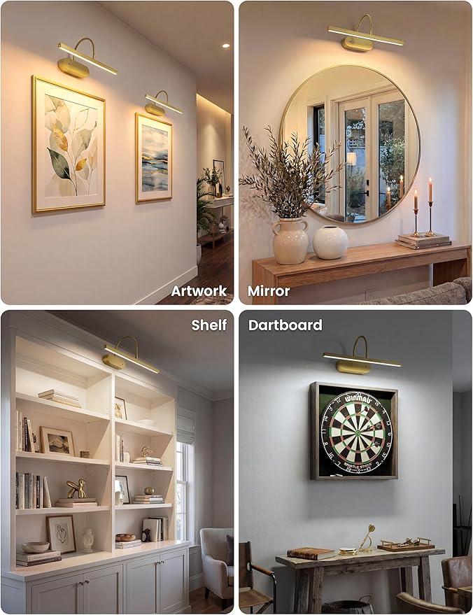 Rechargeable Picture Lights for Wall, Battery Operated Wall Light with Flexible Gooseneck, Wireless Art Lighting for Paintings & Portraits, Remote Control, 3 Colors Dimmable, Timer (Gold, 1 Pack)