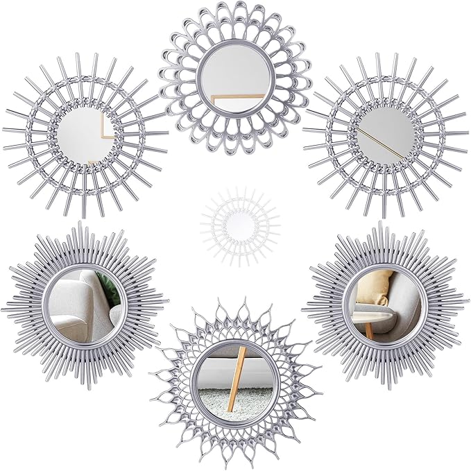 Namalu 6 Pcs Mirrors - Small Circle Sun Mirrors for Decorative Wall Art - Entryway, Bathroom, Bedroom, Living Room (Silver, Classic)