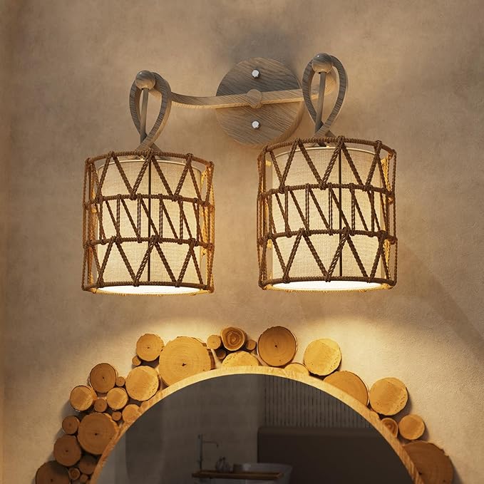 N12-3 Two-Lights Boho Rattan Wall Sconce - Vanity Lights Fixtures for Mirror, Cross-Woven Shade & Hardwired Wall Lamp with Woodgrain Metal Frame, E26 Bulb Base