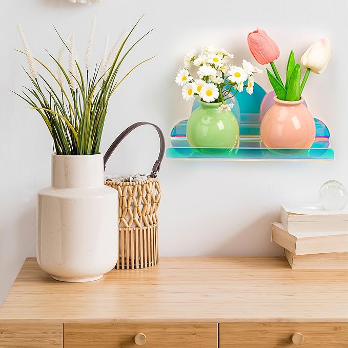 Lesnala 2Pcs Cloud Mini Shelf Iridescent Floating Shelves Acrylic Wall Mounted with Stickers and Screws for Bathroom Bedroom Living Room Office