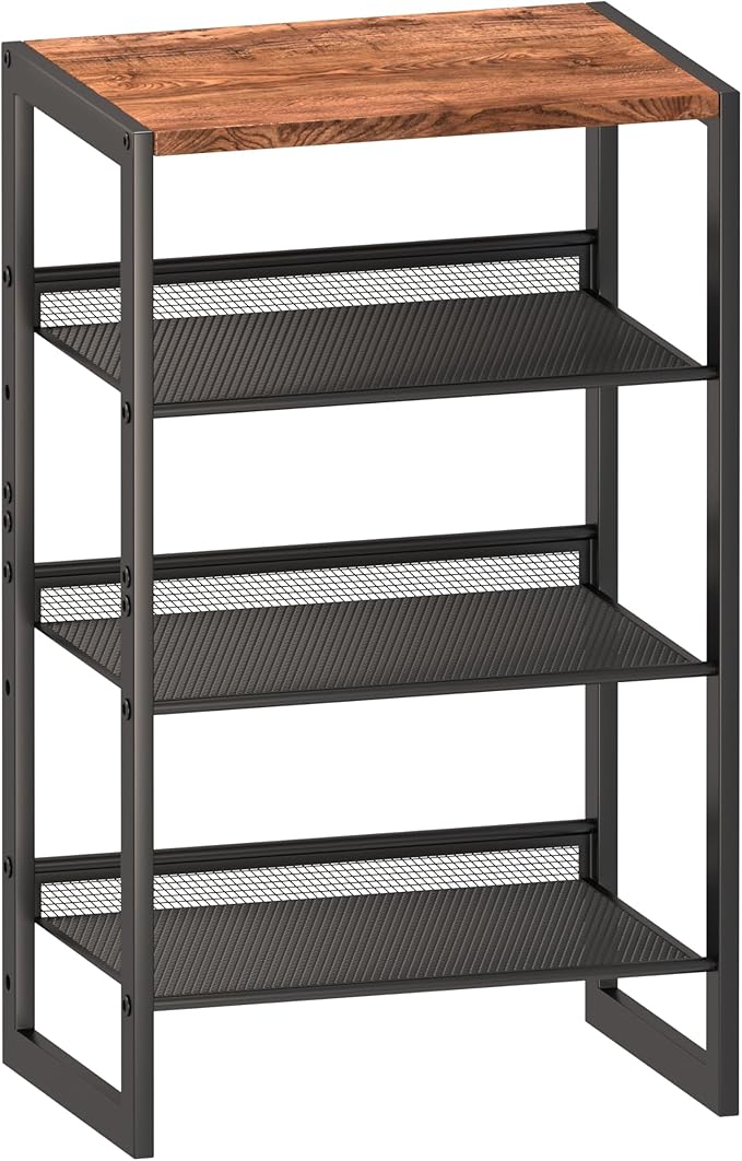 Narrow 4-Tier Shoe Rack, Slim Space-Saving Shelf with Decorative Wood Top & Steel Mesh, Entryway/Closet/Dorm Organizer, 16.5x11.8x27.9 Inches