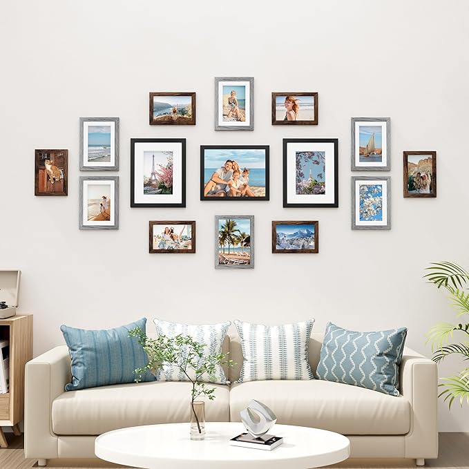Vittanly 15 Pack Picture Frames Collage Wall Decor for Mounting or Tabletop Display, Gallery Frame Set for Family, Multi Sizes Including 3pcs 8x10, 6pcs 5x7, 6pcs 4x6, Black, Brown and Grey