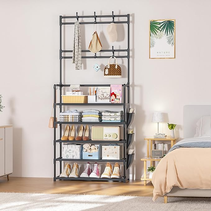 Shoe Rack 5 Tier Shoe Organizer Storage 15-20 Pairs Shoes Rack for Closet Entrance Shoe Rack Organizer with Hooks and Side Pocket Entryway Shoe Holder Space Saving Free Standing Shoe Racks