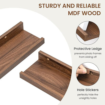 Heimlove Picture Ledge Shelf,24 inch Long Floating Shelves for Wall Set of 2,Picture Shelf with Lip for Wall Decor,Living Room,Bedroom,Bookshelf,Nursery,Perfume,Walnut Color