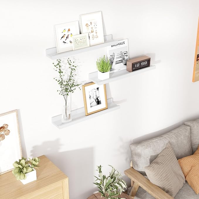 Floating Shelves for Wall, 24 inch Solid Wood Picture Ledge Shelf for Wall Storage, Nursery Book Shelves with Lip for Living Room Bathroom Bedroom Kitchen, Set of 3, Washed White