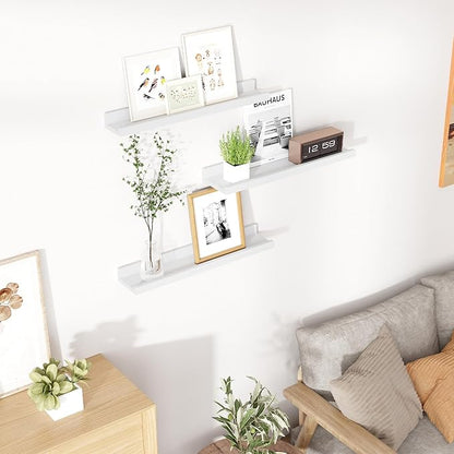 Floating Shelves for Wall, 24 inch Solid Wood Picture Ledge Shelf for Wall Storage, Nursery Book Shelves with Lip for Living Room Bathroom Bedroom Kitchen, Set of 3, Washed White