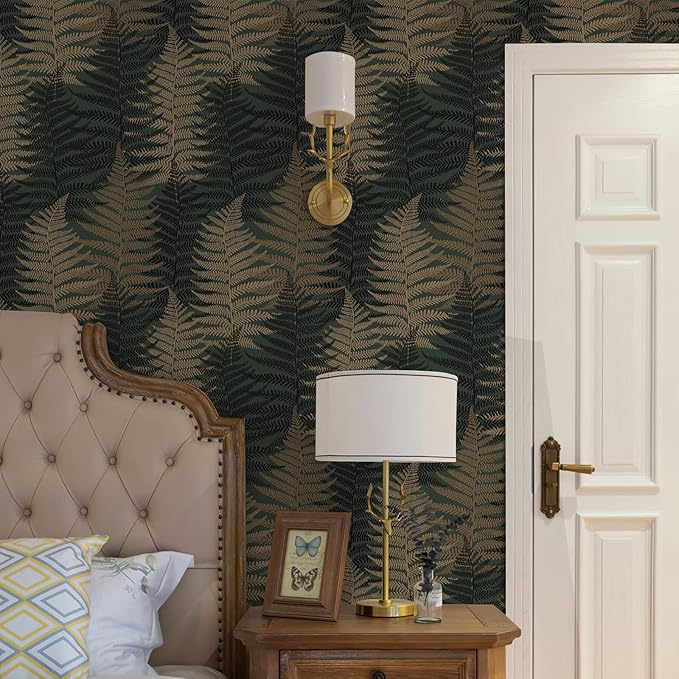 JiffDiff Botanical Fern Wallpaper Green Moody Peel and Stick Wallpaper 17.73" x 118.1" Forest Textured Self Adhesive Temporary Wall Paper for Bathroom Bedroom Apartment Friendly