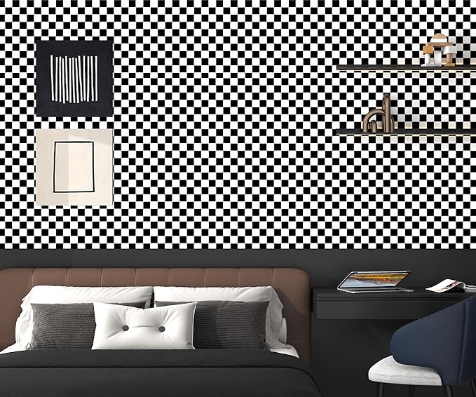 Modern Peel and Stick Wallpaper Black and White Mosaic Checkered Contact Paper 17.7