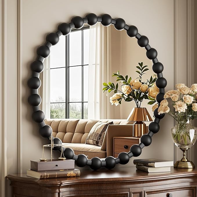 Round Mirror for Wall, 24 Inch Black Beaded Frame Decorative Vanity Mirror, Circle Bathroom Mirror with High-Definition Lense, Modern Wall Decor for Bathroom, Living Room, Bedroom, Entryway