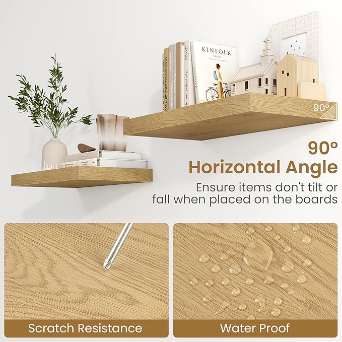 36 Inch Long Floating Shelves for Wall, 9.3 Inch Deep Floating Shelf with Heavy-Duty Bracket, 2 Pack Long Shelves for Bathroom, Living Room, Bedroom, Wall Mounted Storage Shelf for Books Decor, Oak