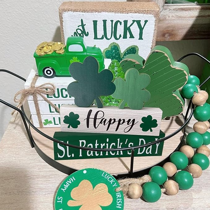 Happy St. Patrick's Day Table Decor Shamrock Home Office Wooden Table Top Decor Centerpiece Decorations for Tiered Trays Shelf Coffee Bar Mantle Windowsill