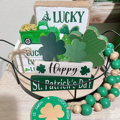 Happy St. Patrick's Day Table Decor Shamrock Home Office Wooden Table Top Decor Centerpiece Decorations for Tiered Trays Shelf Coffee Bar Mantle Windowsill