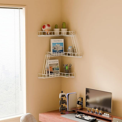 Fire Escape Wall Shelf - Modern City Style 3-Tier Corner Wall Shelves, Easy to Install Metal Ladder Shelf for Figures, New York Decorative Shelves for Bathroom, Living Room & Home Decor,White