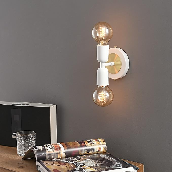BRIGHTTIA Luna Duo 2 Light Wall Sconce - Mid Century Modern Fixture for Wall & Ceiling - Minimalist Edison Lamp for Hallway and Bathroom Vanity - White & Gold (BW0026-2WG)