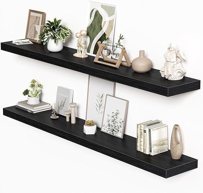 Floating Shelves for Wall, 72"W x 9.3"D x 1.5"H, Long Wooden Wall Mounted Display Shelves with Invisible Brackets for Living Room, Bedroom, Bathroom, Kitchen Decor and Storage, Set of 2, Black