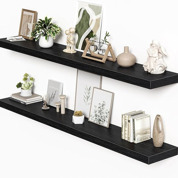 Floating Shelves for Wall, 72"W x 9.3"D x 1.5"H, Long Wooden Wall Mounted Display Shelves with Invisible Brackets for Living Room, Bedroom, Bathroom, Kitchen Decor and Storage, Set of 2, Black
