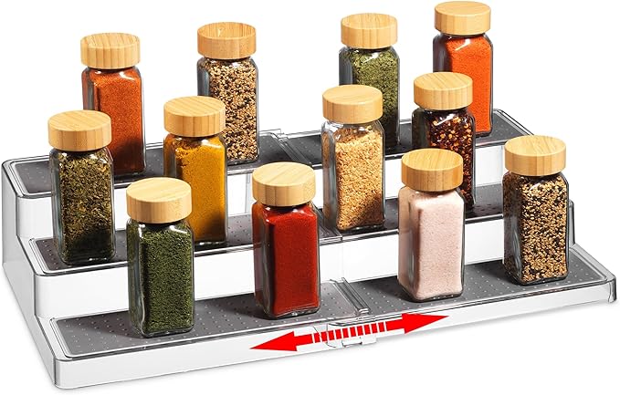 Oizeir Expandable Spice Organizer Rack - 3-Tier - Clear Adjustable Tiered Shelf Spices Organization for Kitchen Cabinet and Pantry Storage