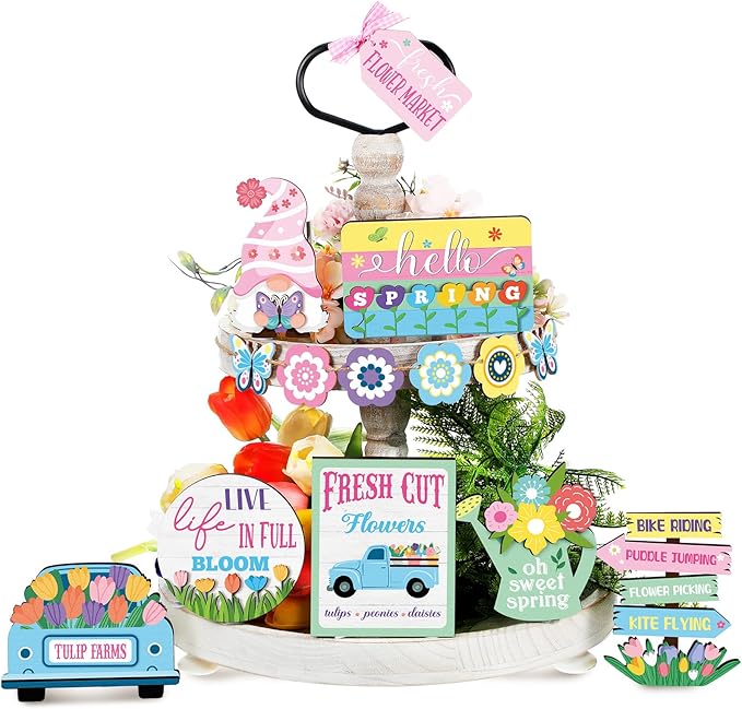 Amyhill 14 Pcs Spring Tiered Tray Decor Farmhouse Easter Decorations Hello Spring Wooden Signs Gnome Flower Butterfly Mini Table Decor for Home Kitchen Coffee Bar Shelf