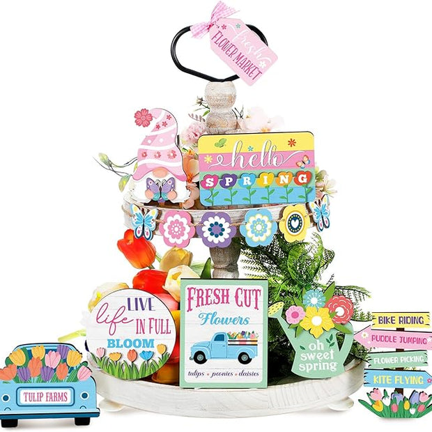 Amyhill 14 Pcs Spring Tiered Tray Decor Farmhouse Easter Decorations Hello Spring Wooden Signs Gnome Flower Butterfly Mini Table Decor for Home Kitchen Coffee Bar Shelf