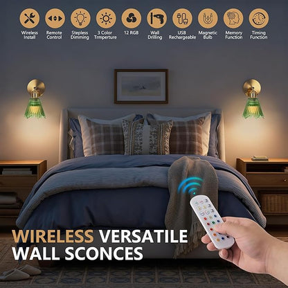 Vintage Battery Operated Wall Sconce with Green Crystal Grid Glass Lampshade Rechargeable Battery Powered Wall Light with Remote Control for Bedside Bedroom Bathroom, Set of 2