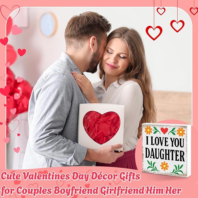 I Love You Daughter Valentines Desk Decor, Valentine's Day Home Office Table Sign for Wife Daughter from Dad Husband, Valentine Gifts Decorations for Porch Tiered Tray Shelf Party