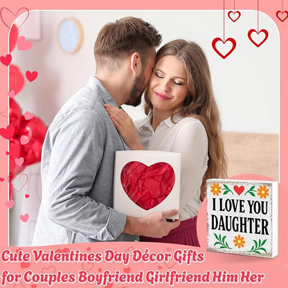 I Love You Daughter Valentines Desk Decor, Valentine's Day Home Office Table Sign for Wife Daughter from Dad Husband, Valentine Gifts Decorations for Porch Tiered Tray Shelf Party