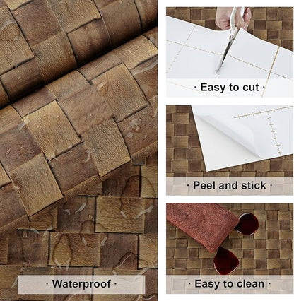 Dark Brown Rattan Wallpaper Peel and Stick Vintage Woven Contact Paper Vinyl Faux Cane Wallpaper Non-Textured Natural Rattan Contact Paper for Cabinets Shelf Liners Bathroom Walls 15.8" x 80"