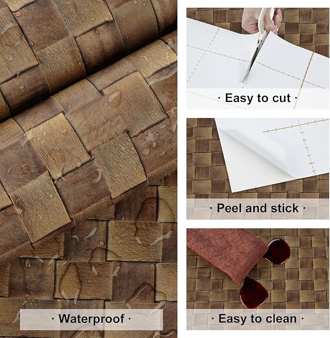Dark Brown Rattan Wallpaper Peel and Stick Vintage Woven Contact Paper Vinyl Faux Cane Wallpaper Non-Textured Natural Rattan Contact Paper for Cabinets Shelf Liners Bathroom Walls 15.8