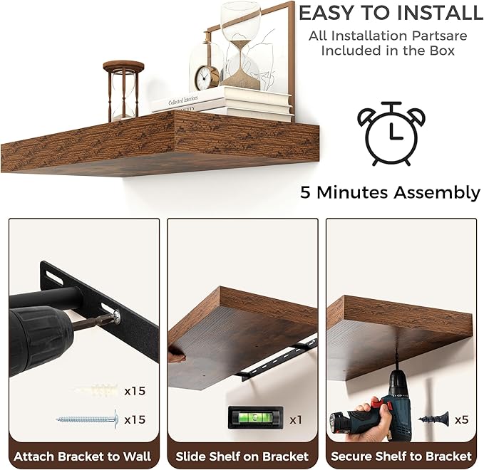 Floating Shelves for Wall, 24 Inch Wide x 12 Inch Deep Floating Shelves, Long Wood Floating Wall Shelf Shelves for Living Room Bathroom Bedroom Kitchen Home - (Brown, 24" W x 12" D x 2" H)
