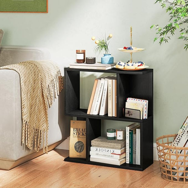 Tangkula 3 Tier Geometric Bookshelf, S Shaped Open Bookcase with Storage, Home Office Decor, Freestanding Wood Display Shelf for Living Room Study, Small Bookshelf for Small Spaces (1, Black)