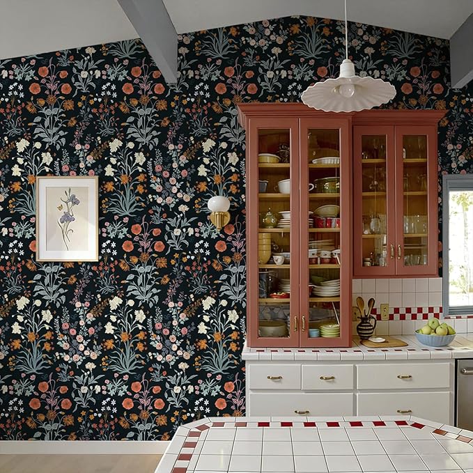 Floral Peel and Stick Wallpaper Vintage Wallpaper Dark Blue Wall Paper Wildflower Contact Paper for Cabinets Vinyl Renter Friendly Waterproof Self-Adhesive Bathroom Kitchen Bedroom 393