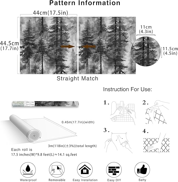 HAOKHOME Forest Peel and Stick Wallpaper Black and White Removable Vinyl Wall Mural for Bathroom Bedroom Accent Wall Self Adhesive Tree Contact Paper 17.3in x 118in