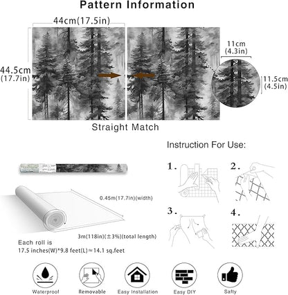 HAOKHOME Forest Peel and Stick Wallpaper Black and White Removable Vinyl Wall Mural for Bathroom Bedroom Accent Wall Self Adhesive Tree Contact Paper 17.3in x 118in