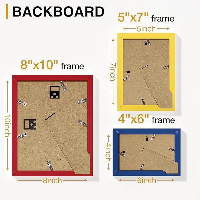 Vittanly Picture Frames Set of 10, Picture Frames Collage Wall Decor with Two 8x10, Four 5x7 and Four 4x6 Photo Frames, Gallery Wall Frame Set for Wall or Tabletop Display, Red, Yellow and Blue