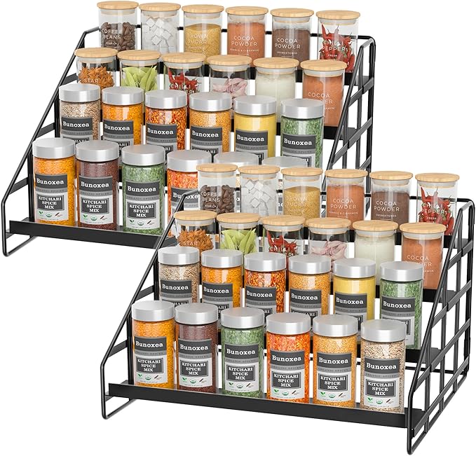Spice Rack 4 Tier Kitchen Cabinet Organizer,Countertop Spice Rack,Tier Depth Adjustable Cabinet Shelf,Step Spice Organization Easy Visibility,Holds Seasoning and Condiments 2Pack