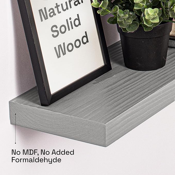 BAOBAB WORKSHOP Wood Floating Shelves for Wall - Rustic Shelf 24 inch - Grey Bathroom Shelves - Solid Wood Shelves for Wall for Bedroom Kitchen Living Room - Gray Finish - 24 x 6.7 Inch, Set of 2