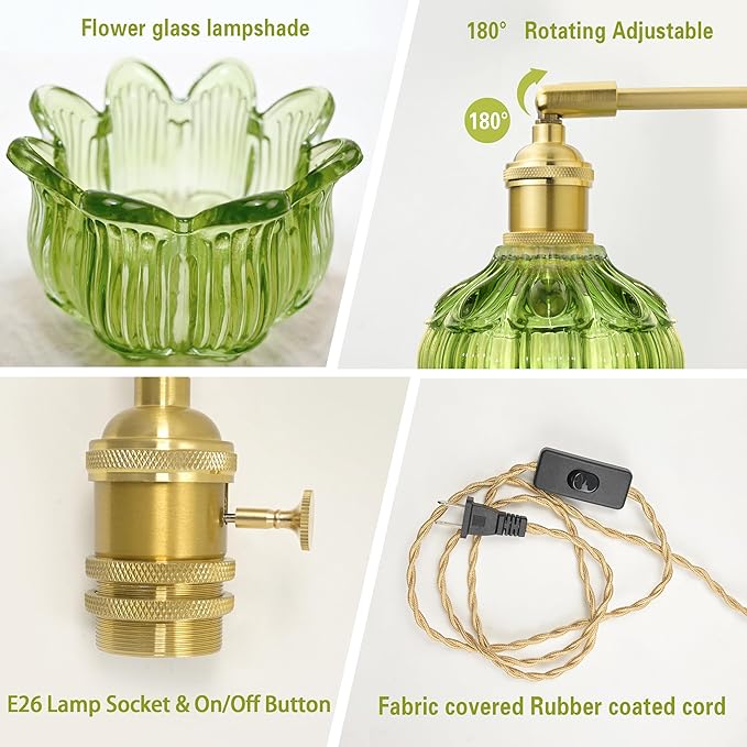 Plug in Wall Sconces Set of 2, Plug in Wall Lamp, Vintage Wall Light with Green Tulip Glass Lampshade, 3-Way Dimmable with Dual Switches, No Wiring Needed for Bedroom Wall Decor and Hallway