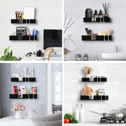 ABCOOL Shower Caddy Floating Bathroom Shelves - Set of 2, No Drill Wall Mounted Adhesive Hanging Shelves with Hooks Decorative Storage Shelves for Kitchen Living Room Bedroom