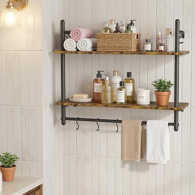 Merapi Industrial Pipe Floating Shelf with Towel Bar & Hooks - 31.5