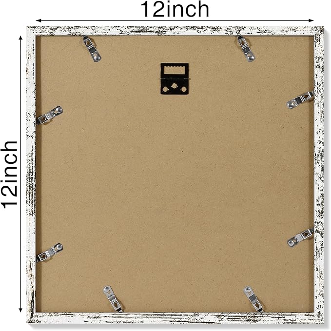 Vittanly 12x12 Picture Frames Set of 4, Display Pictures 8x8 with Mat or 12x12 without Mat, Gallery Frame for Wall Display, Engineered Wood with Shatter Resistant Plexiglass, Distressed White