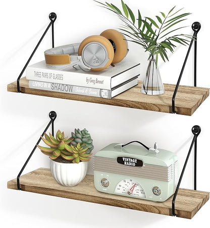 Sapowerntus Floating Shelves Wall Mounted Shelf Rustic Light Wood Bathroom Bedroom Kitchen Hanging Storage Organizer with Triangle Metal Brackets Farmhouse Living Room Office Home Decor Set of 2