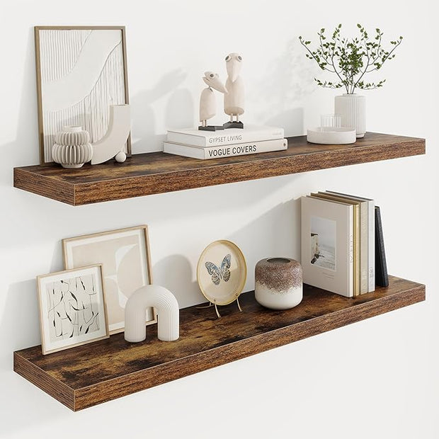 Marsmiles 40in Floating Shelves for Wall, 40" W x 9.25" D x 1.25" H, 2 Pack Long Wall Mounted Engineered Wood Shelves with Invisible Brackets for Living Room, Bedroom, Bathroom, Kitchen, Rustic Brown