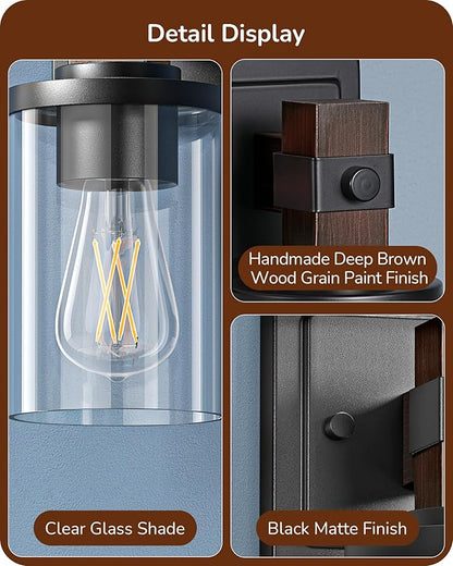 EDISHINE Wall Sconces Set of 2, Farmhouse Vanity Light Fixtures with Clear Glass Shade & Dark Brown Wood Grain Paint, 1-Light Wall Mount Lamp for Bathroom, Hallway, Living Room, Mirror, Kitchen
