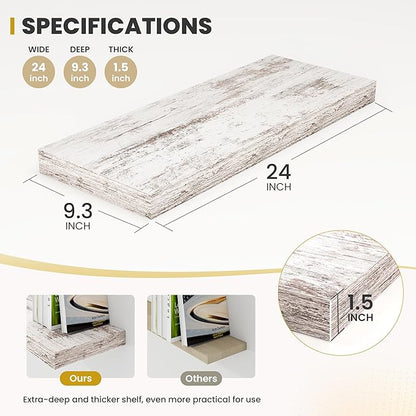 24 Inch Floating Shelves, 9.3" Deep Floating Shelf Wall Mounted, 24" Wall Shelves, Rustic Deep Bookshelf, Large Display Shelves & Storage Shelves for Bedroom, Living Room, Rustic, Set of 2