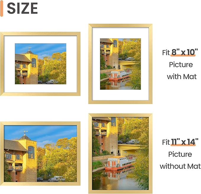 upsimples 11x14 Picture Frame Set of 5, Display Pictures 8x10 with Mat or 11x14 Without Mat, Wall Gallery Photo Frames, Gold