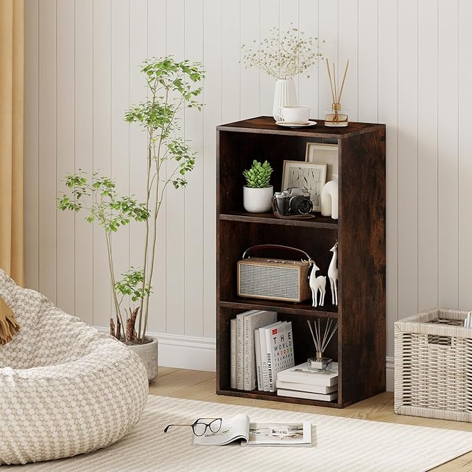 Giantex 3 Shelf Bookcase, Book Shelves Cube Storage Organizer, Open Storage Cabinet Multi-Functional Home Office Bedroom Furniture Display Bookcases, Rustic Brown