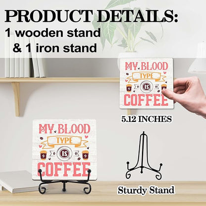 Coffee Bar Decor, Farmhouse Kitchen Table Decor, Coffee Station Accessories, Wooden Decorative Sign with Iron Stand for Table Desk Shelf Display-E22