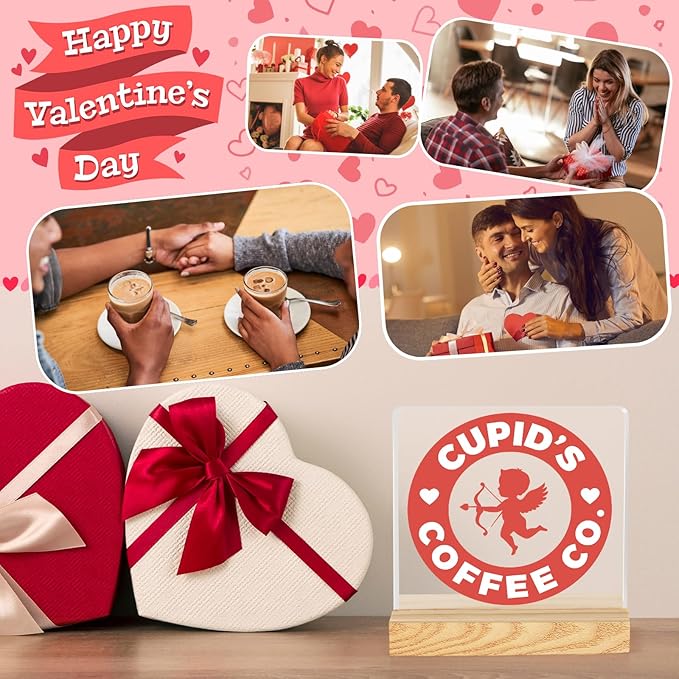 Valentines Coffee Desk Decor, Valentine's Day Gifts for Lover Bar Station, Valentine Home Office Table Sign for Kitchen Shelf Tiered Tray, Cafe Tabletop Decoration to Couples, Cupids Coffee Co