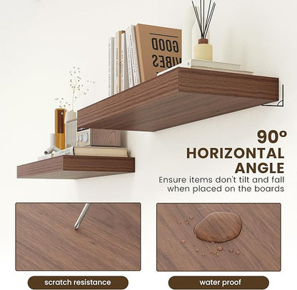 30 Inch Floating Shelves | 12 Inch Deep Walnut Floating Shelves Set of 2 | 30" W x 12" D Rustic Wood Shelves for Wall | Deep Walnut Shelves for Living Room Bathroom Laundry Room Kitchen